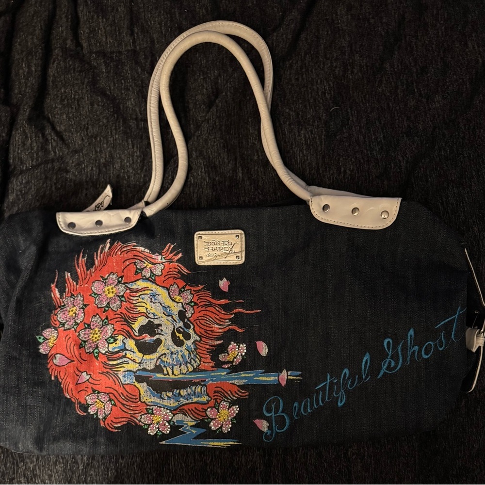 Ed Hardy 
Denim Blue Tote with Colorful Skull Art